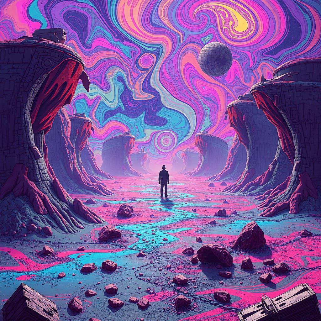 Vibrant Psychedelic Wasteland in Dreamlike Surrealism