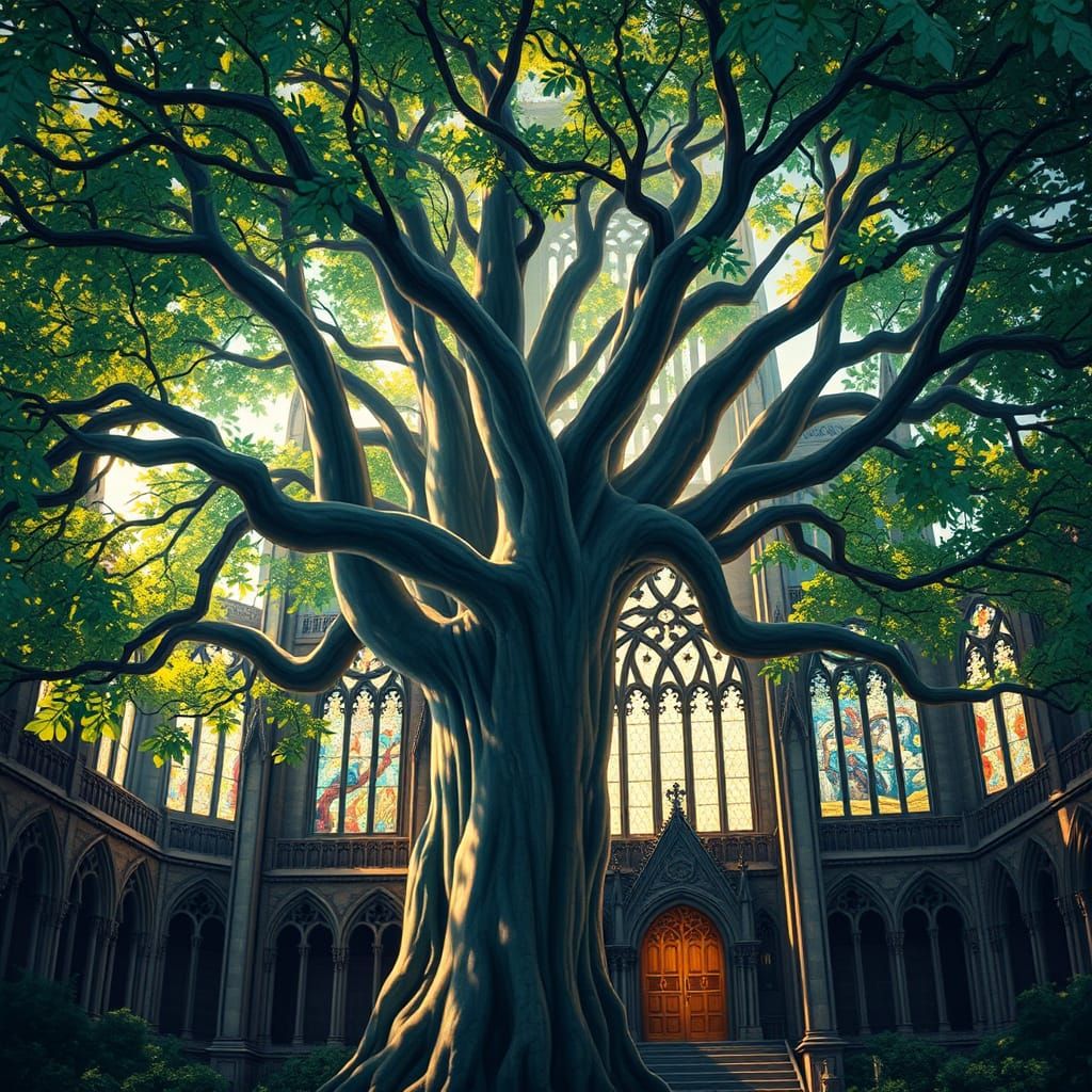 Banyan Tree Envelops Gothic Cathedral: Art Nouveau Style