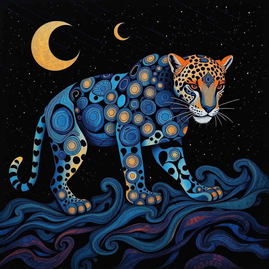 Dreamlike Jaguar in Starry Night Sky, Mosaic of Blues and Go...