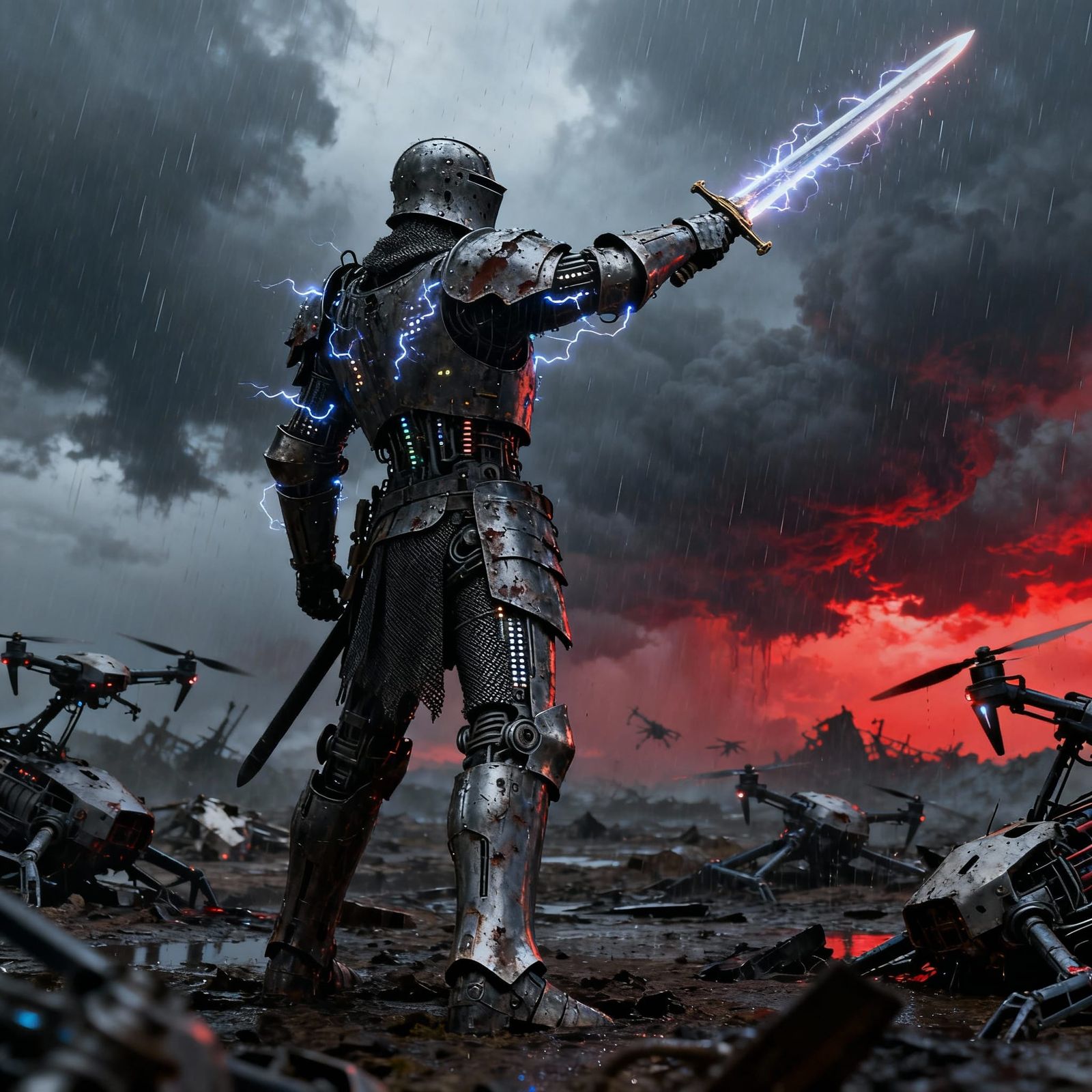 Cybernetic Knight in Post-Apocalyptic War Zone