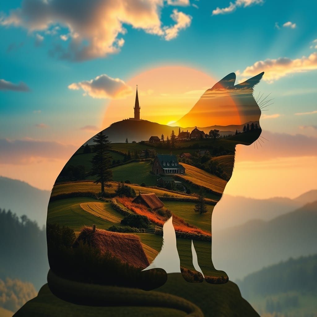 Fantasy Cat Silhouette with Sunrise Village, Digital Art