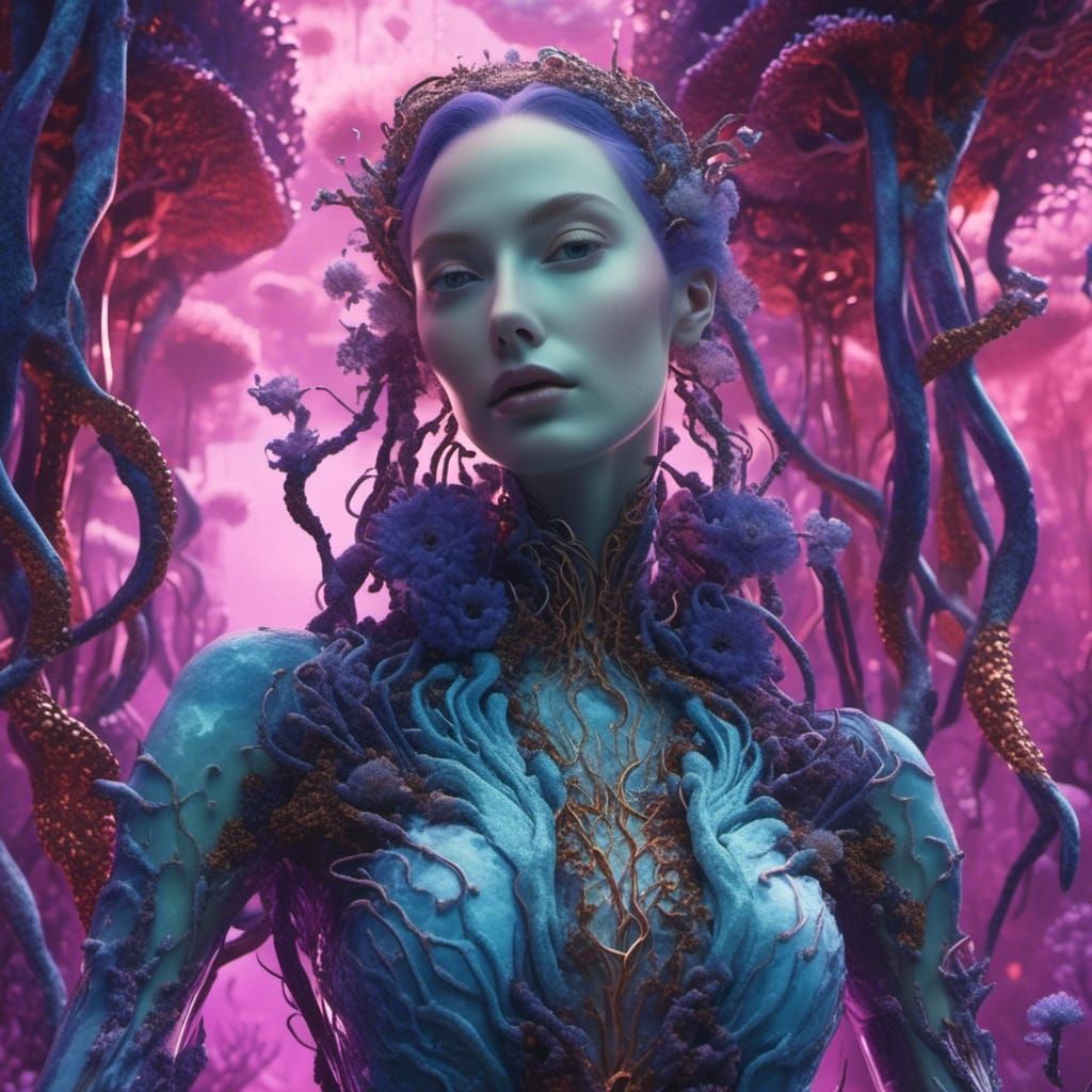 Biomechanical Woman in Purple Coral Forest