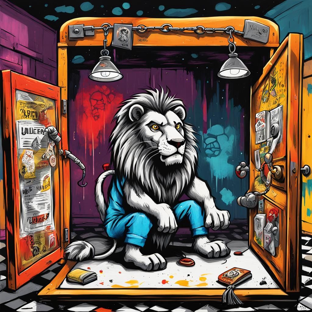 Cartoon Lion Interrogates Skunk: Graffiti Art Style
