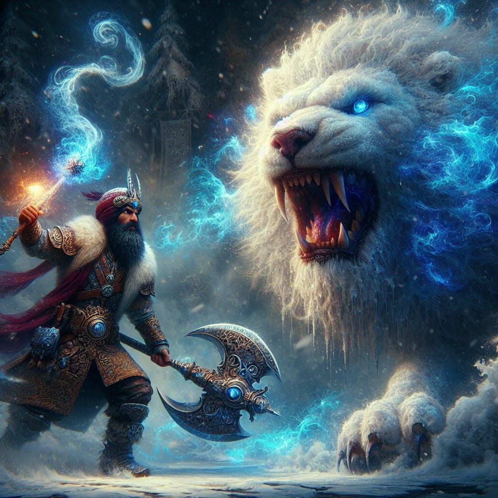 Dwarf Warrior Confronts White Lion in Blizzard
