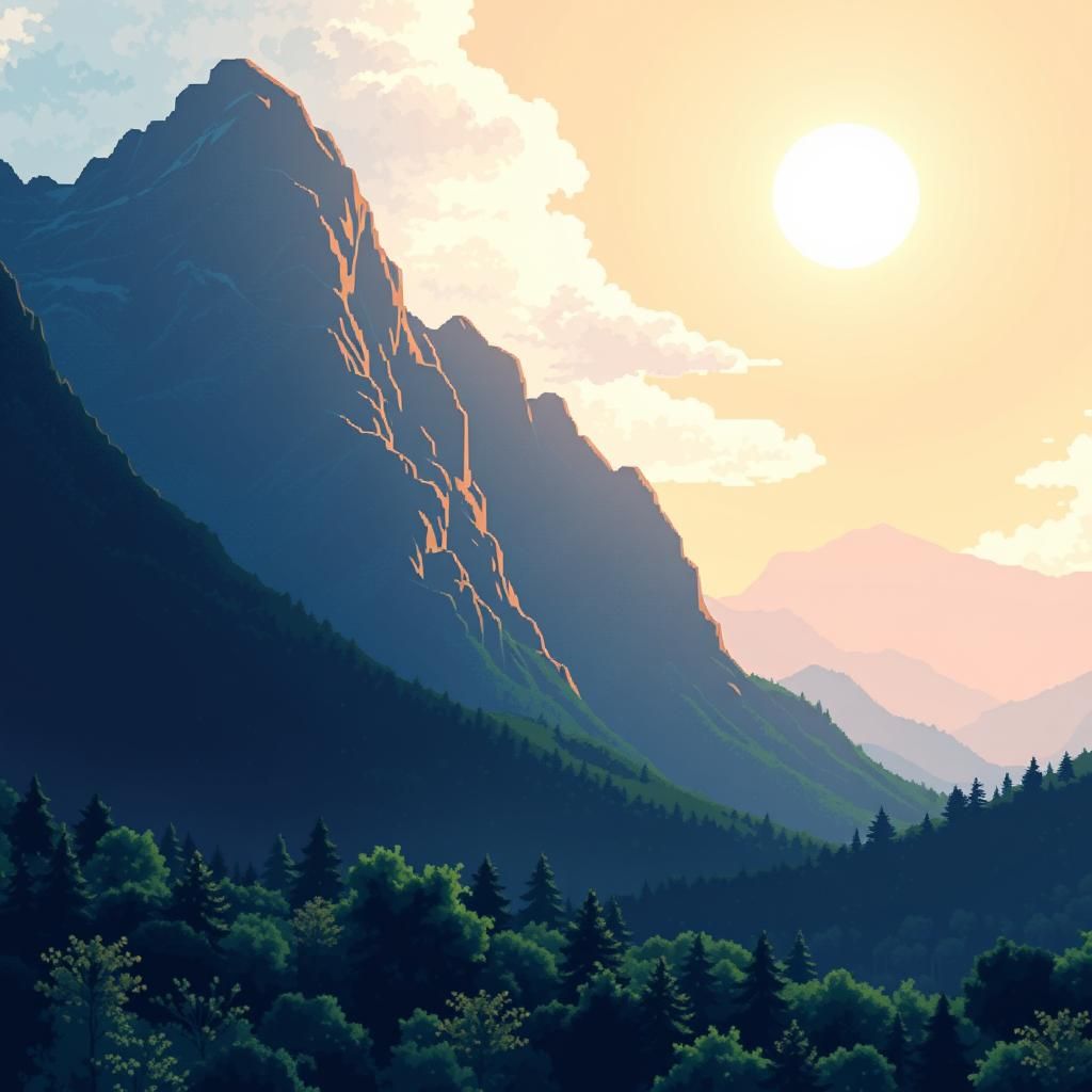 Pixelated Mountain Landscape in Studio Ghibli Anime Style