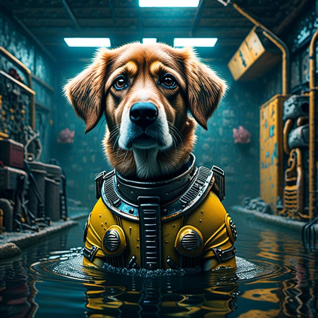 Dog in Flooded Garage, Professional Dramatic Photo