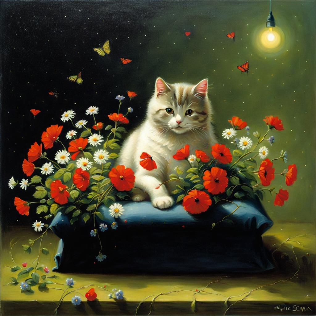 Cute Cat with Heart Lights in Whimsical Style