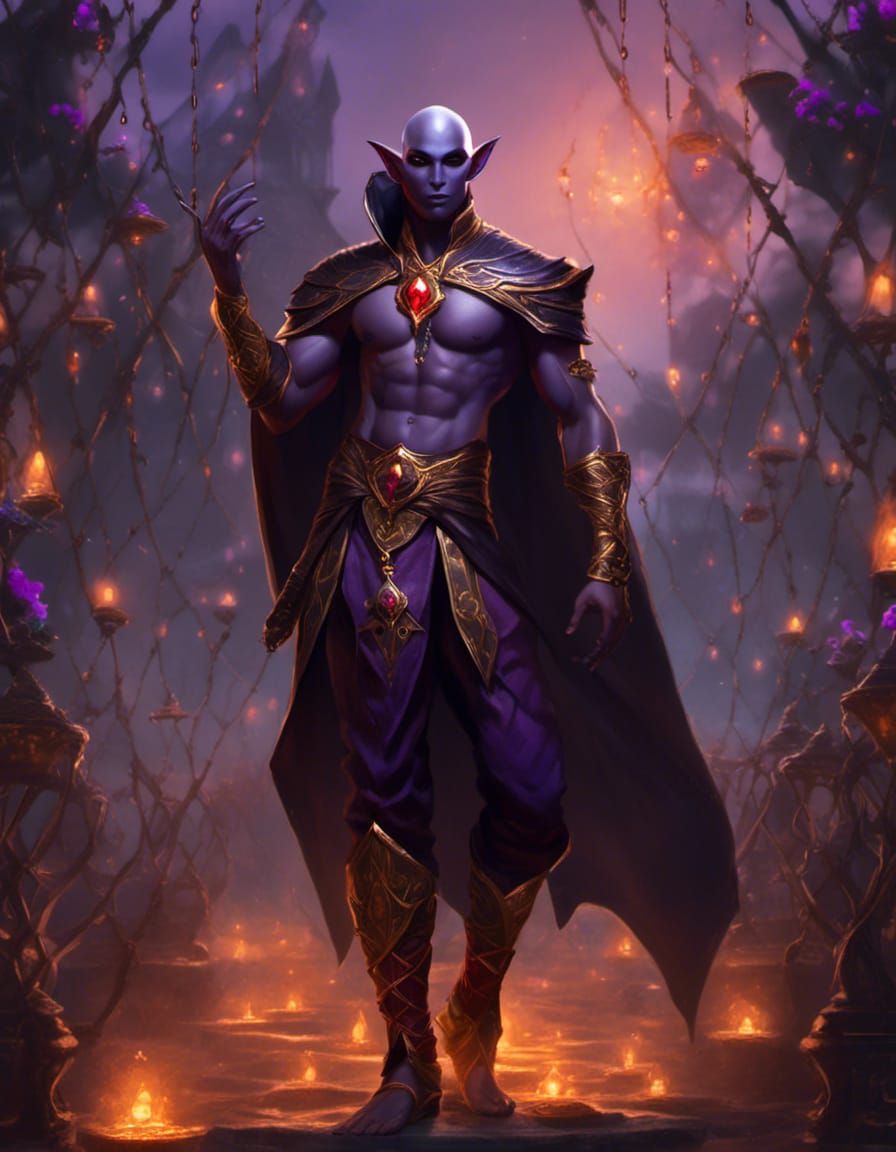 Bald Drow Elf with Eye Patch and Gold Jewelry