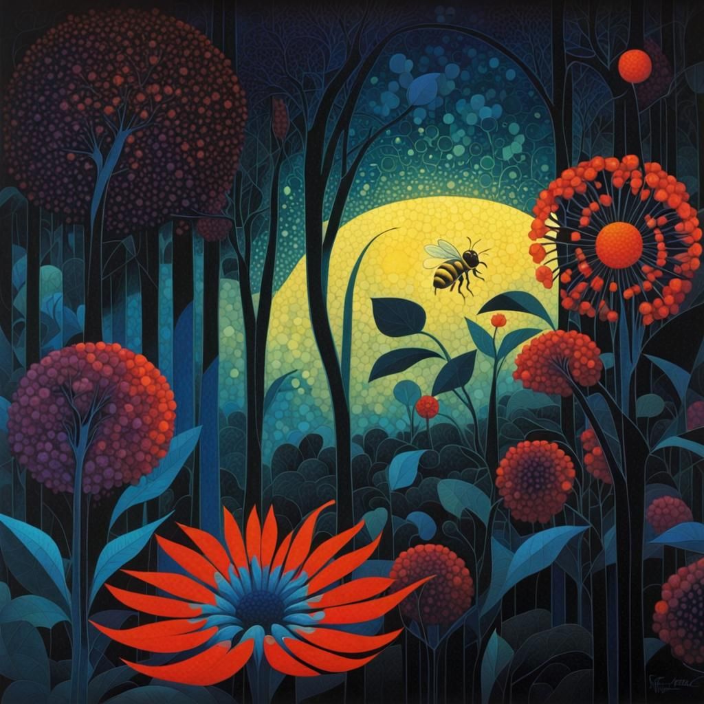 Dark Fantasy Bee on Mosaic Flower