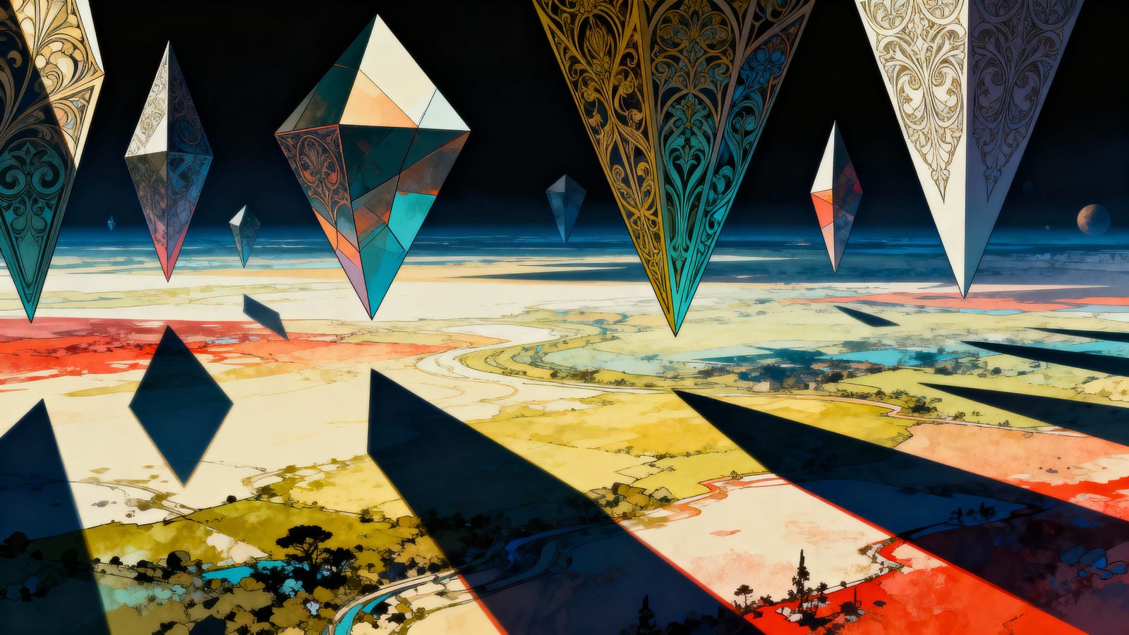 Abstract Surrealist Landscape with Geometric Shapes
