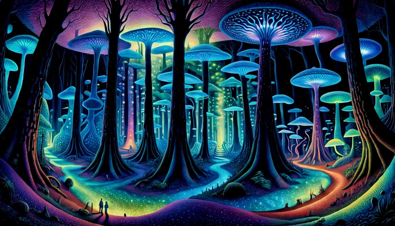 Ethereal Alien World in Iridescent Bioluminescent Forest