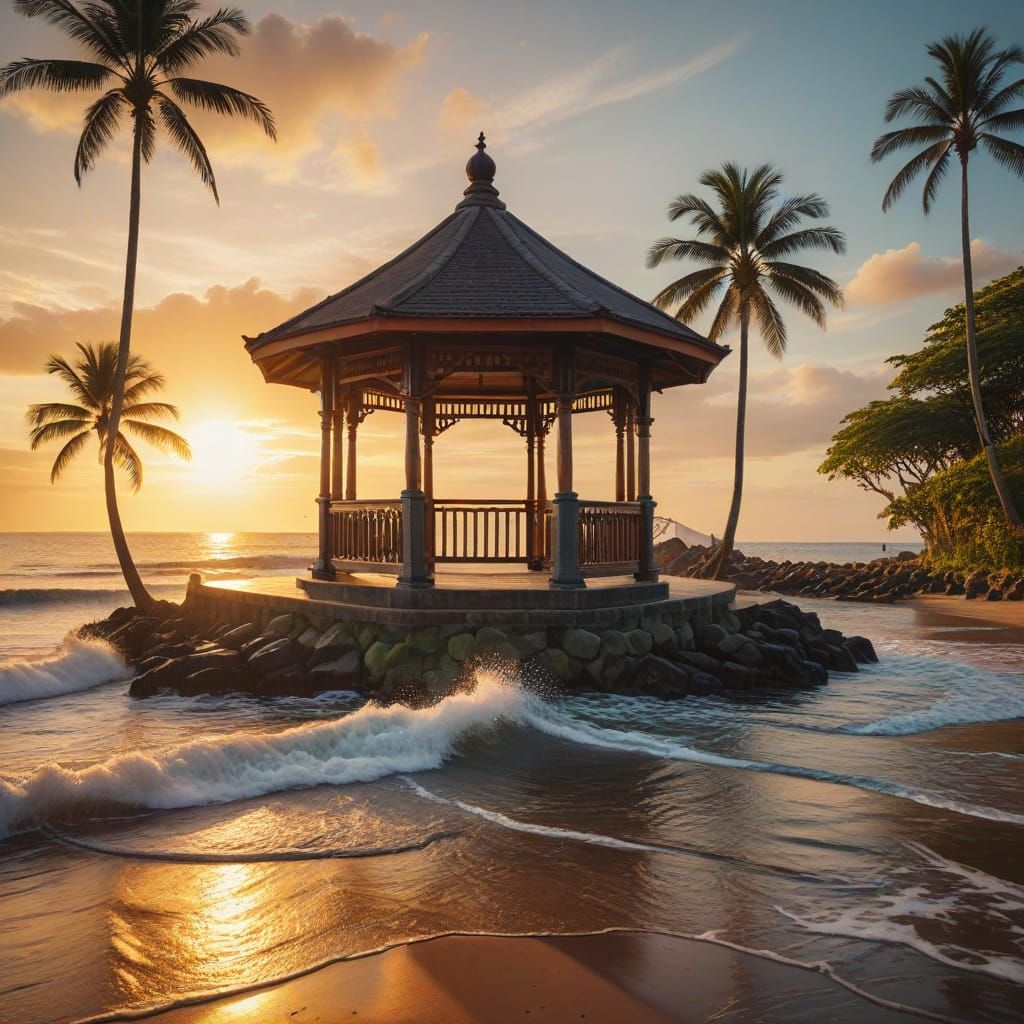 Gazebo on a breakwater in Sanur, Bali, Indonesia