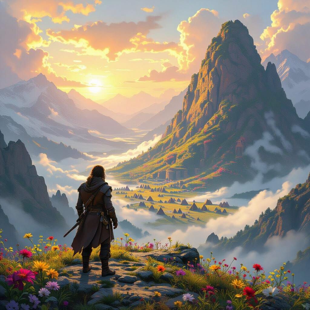 Traveler Gazing Over Stone Age Valley at Sunrise