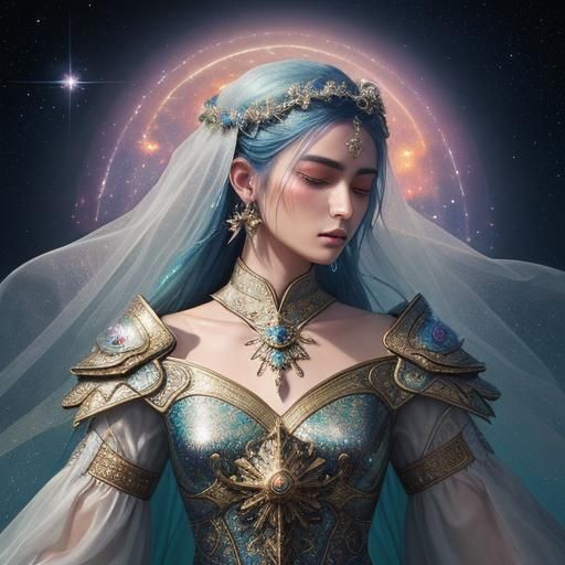 Celestial Sword Saint in Wedding Dress Over Galaxy