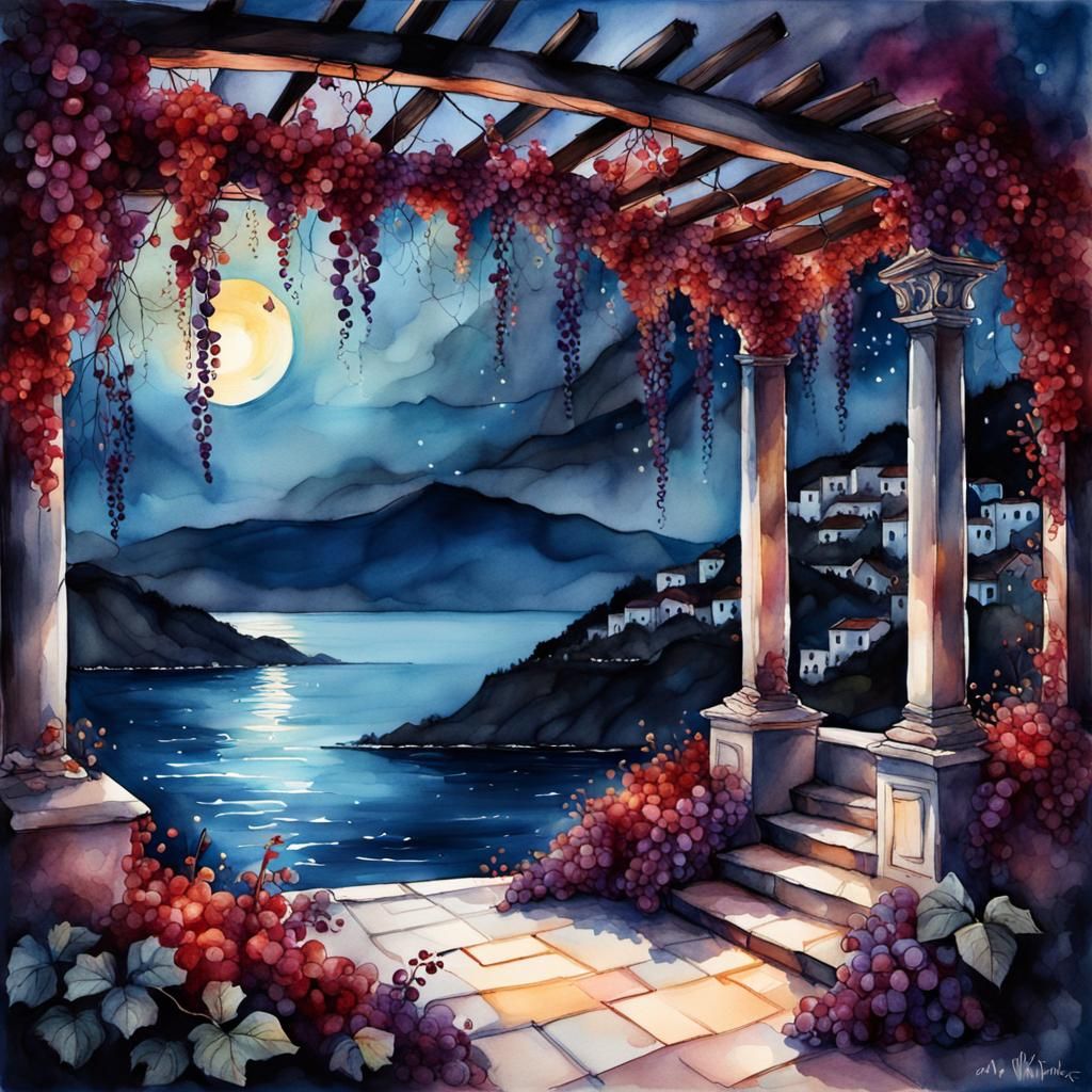 Night View of Greek Villa with Grape Vines