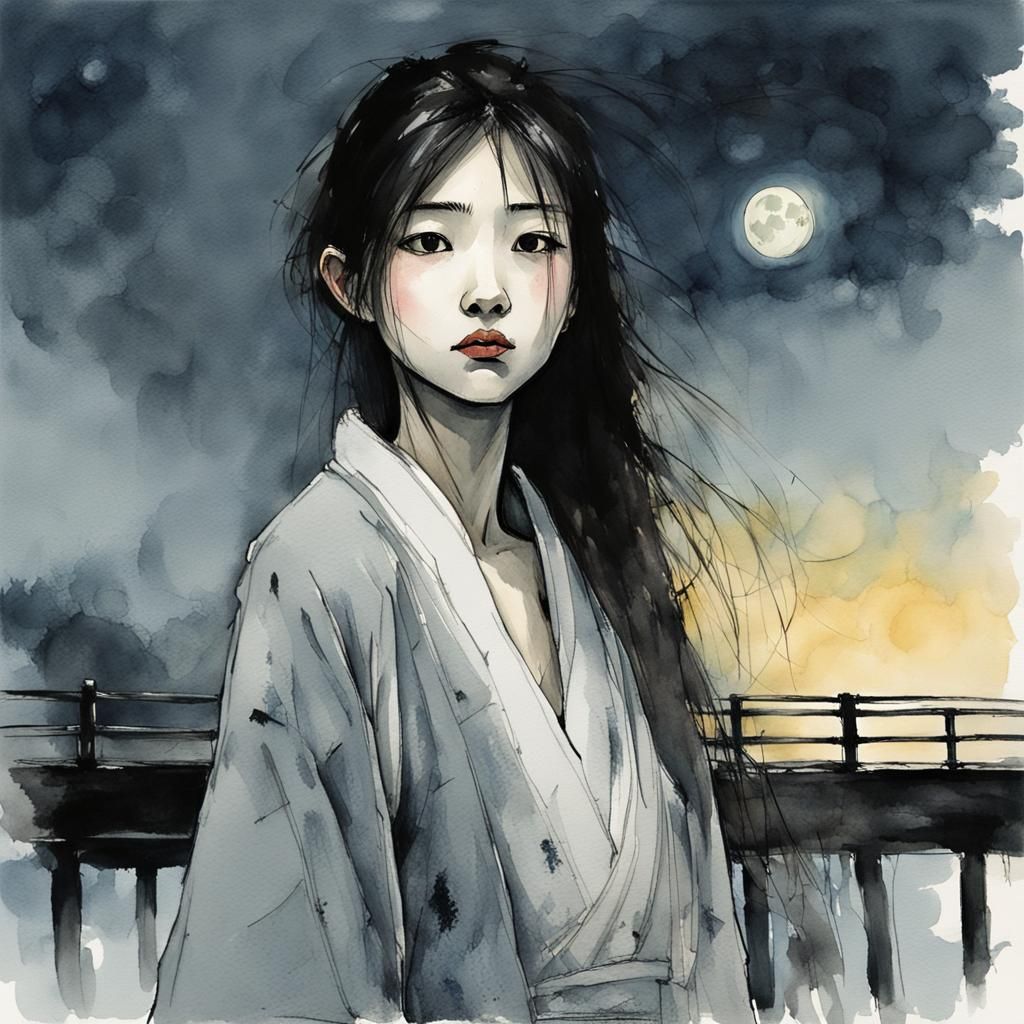 Dreamy Japanese Girl in Moonlight Watercolor Portrait