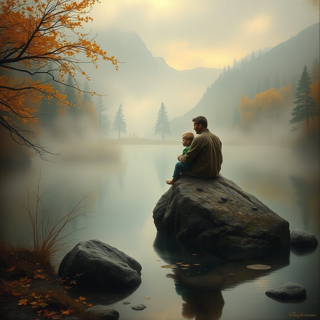 Father and Son in Dreamscape Lake, Ethereal Painting