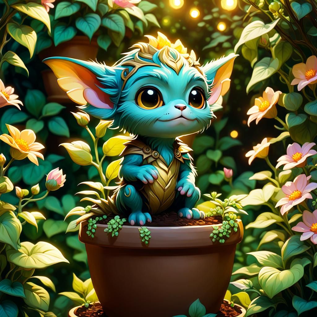 Chibi Gremlin in Greenhouse: Whimsical Concept Art