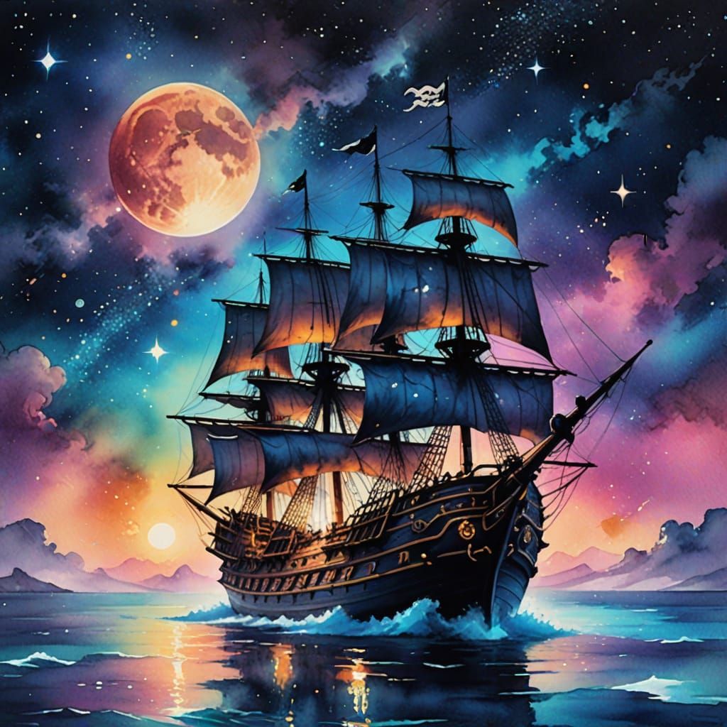 Cosmic Pirate Ship in Dreamy Watercolor Vignette