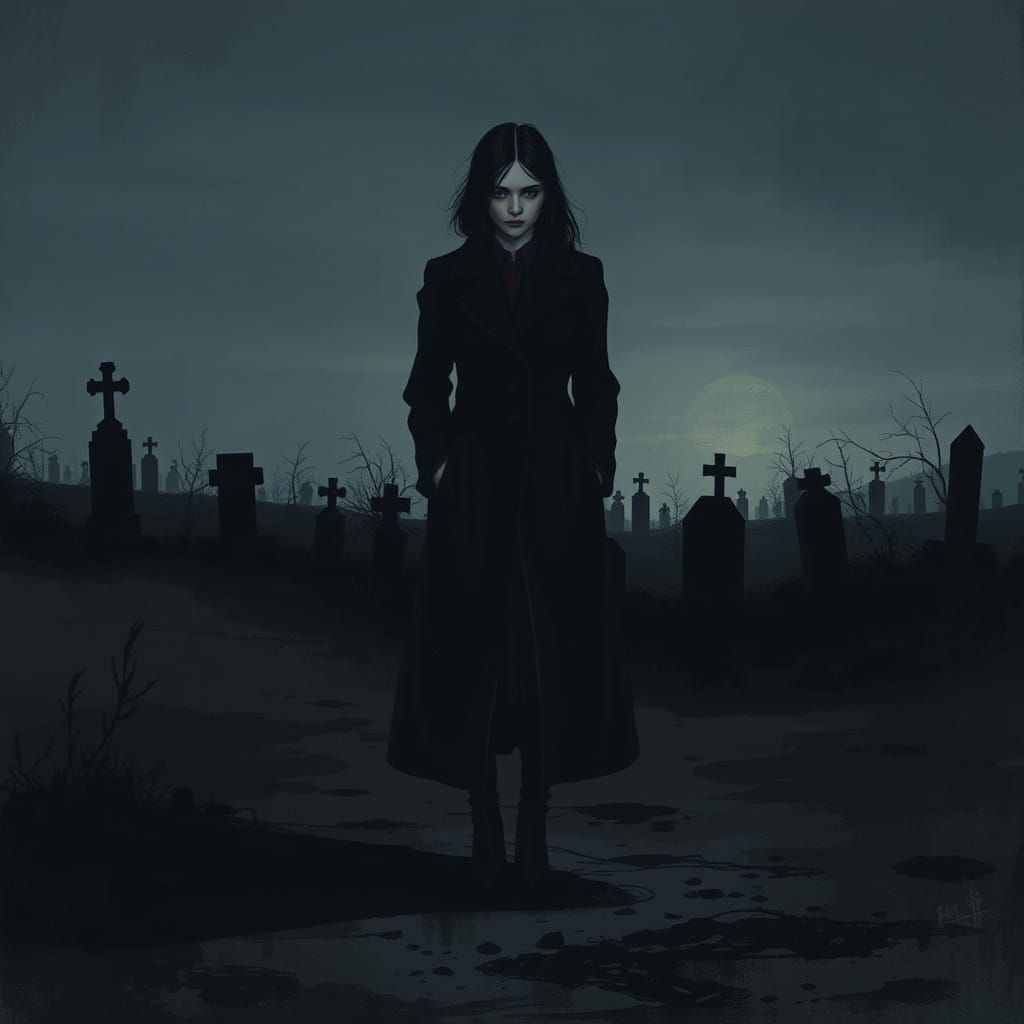 Melancholic Woman in Dark Coat Confronts Abandoned Landscape