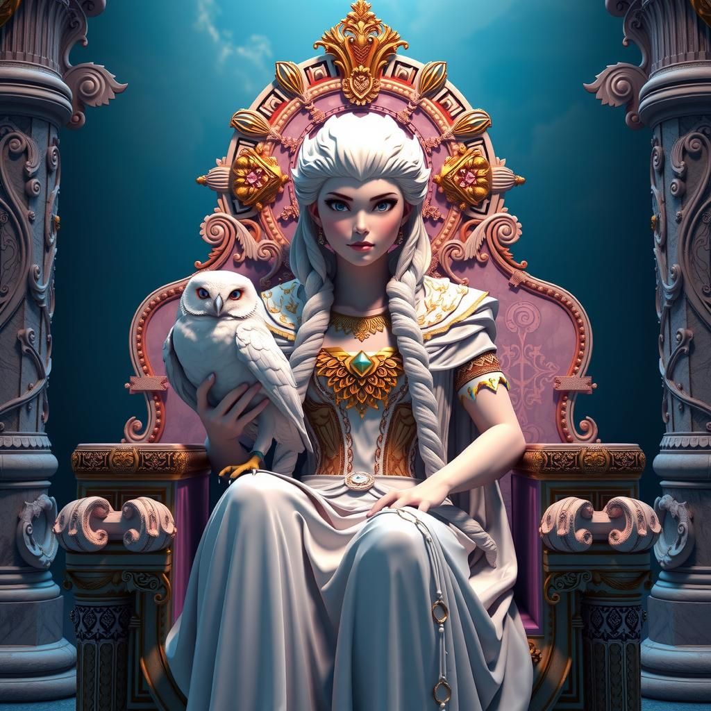 Majestic Athena on Marble Throne in 3D Anime Style