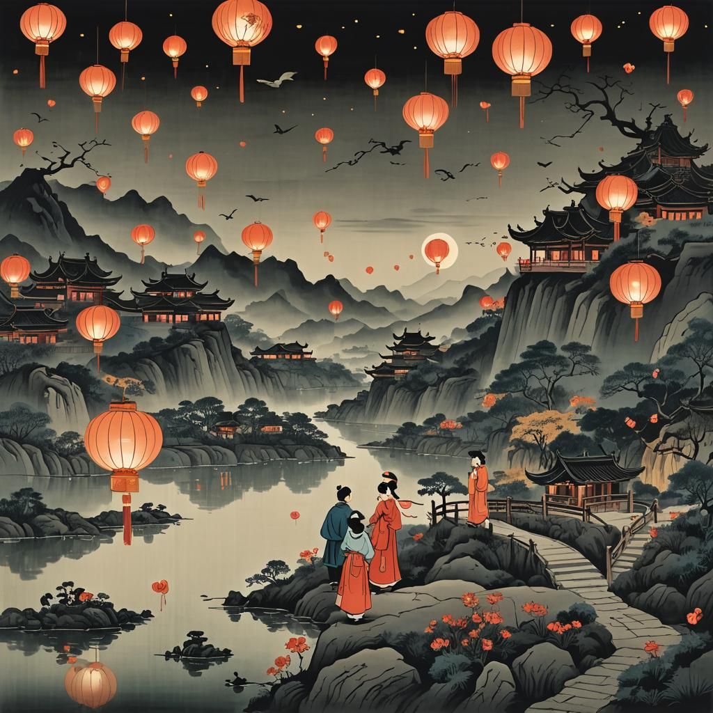 Chinese Lanterns Illuminate Night Sky Landscape