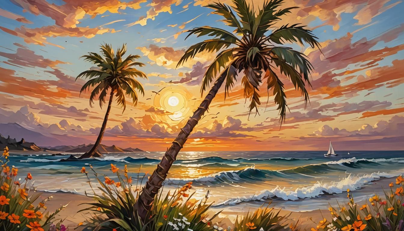 Palm Tree Sunset: Whimsical Oil Painting