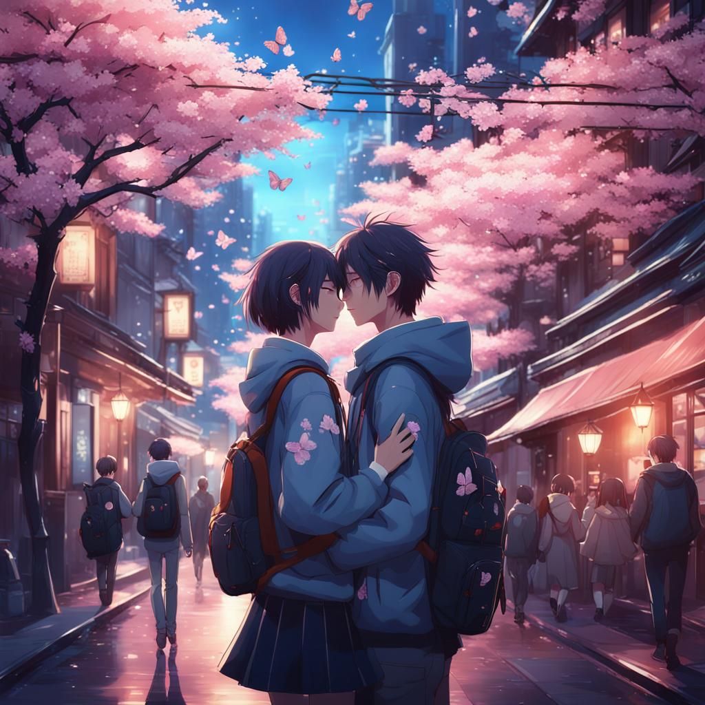 Cherry Blossom Moonlight Embrace in Anime Style
