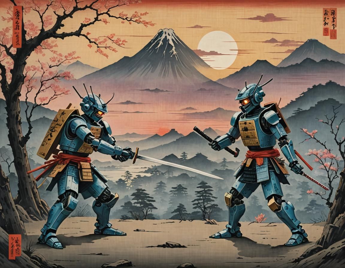 Robots Duel with Katanas in Ukiyo-e Style