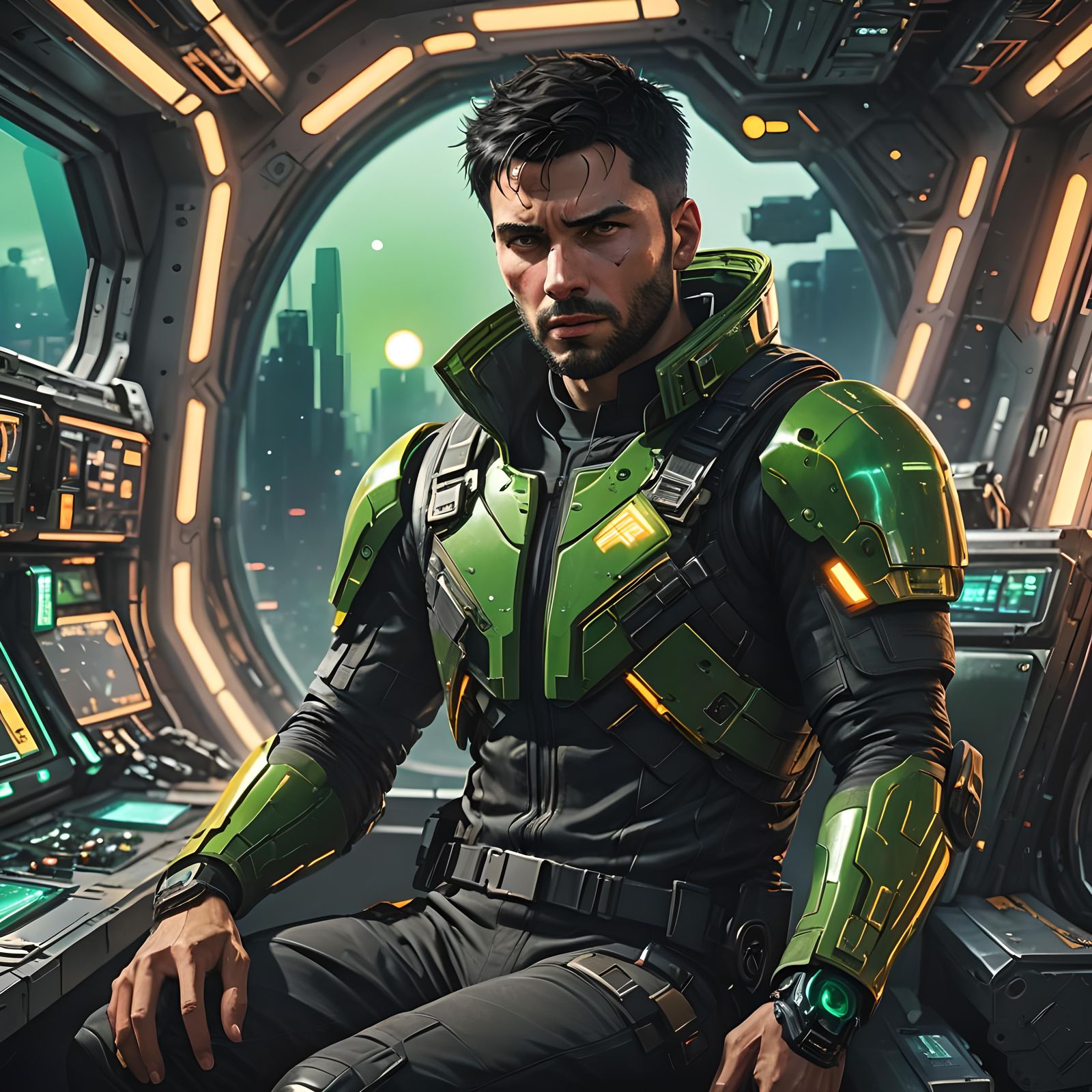 Superhero Gazing at the Sun in Cyberpunk Cityscape