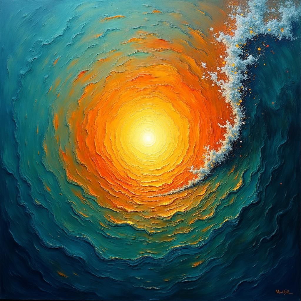 Fiery Orb Sinking into Turquoise Water as Impasto Painting