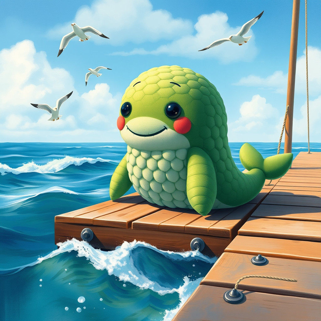 Whimsical Green Whale Plushie on Wooden Dock