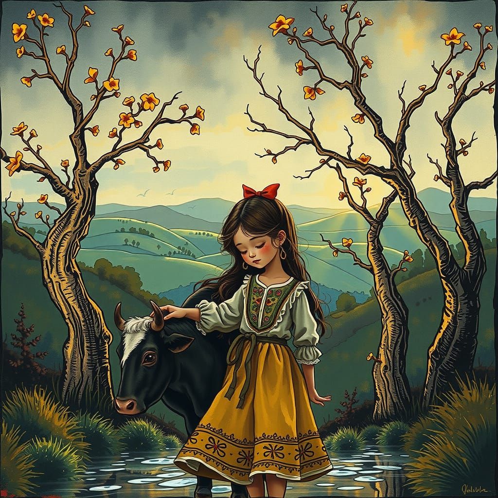 Gentle Peasant Girl with Cow in Whimsical Storybook Landscap...