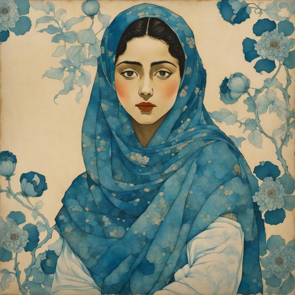 Cyanotype Portrait of Smiling Djin Girl in Art Nouveau Style