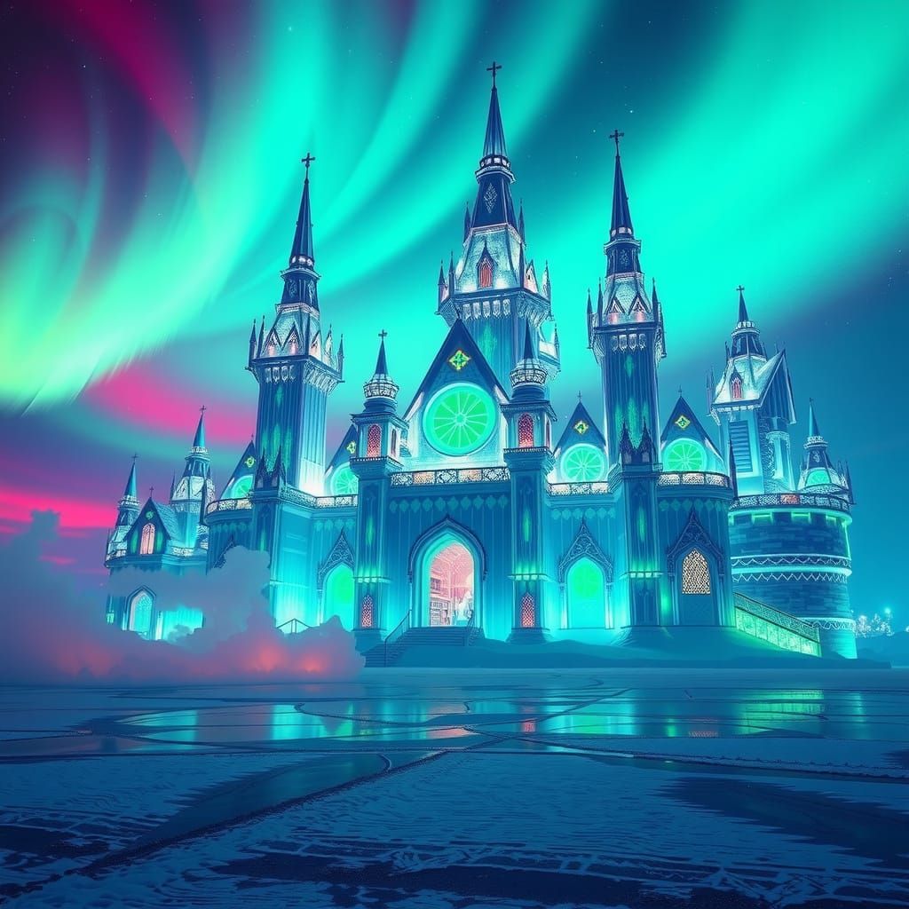 Surreal Ice Castle Illuminated by Northern Lights and Neon L...