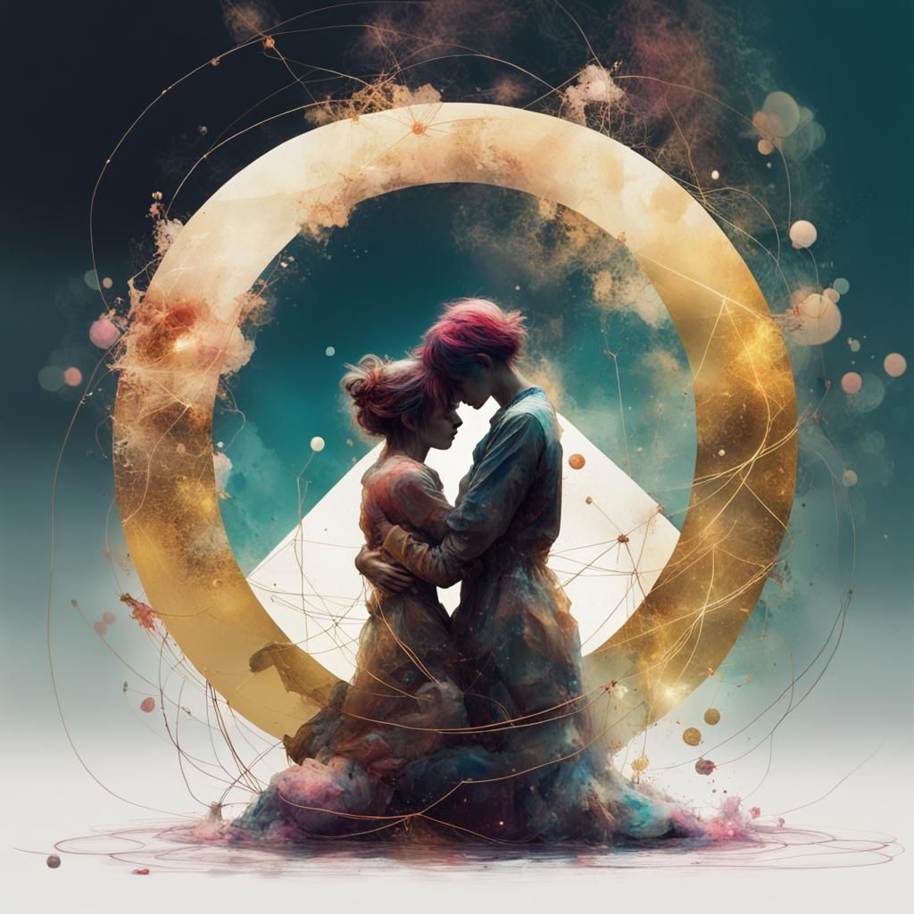 Figures Embracing in Golden Halos, Kawaii Art