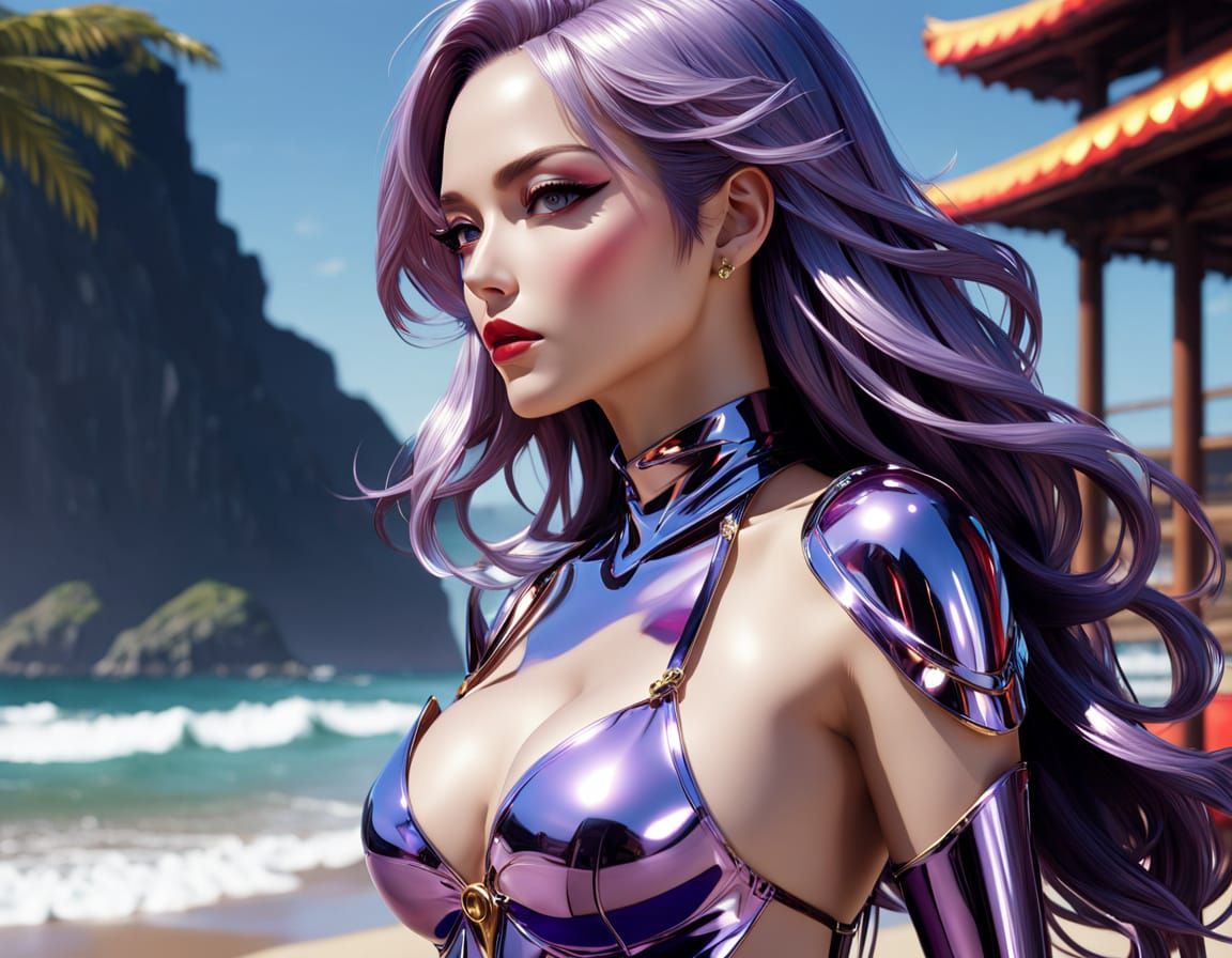 Futuristic Pin-Up Woman in High-Gloss Latex on Beach