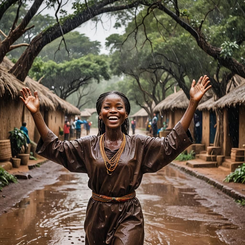 African Girl in Rain in Traditional Village