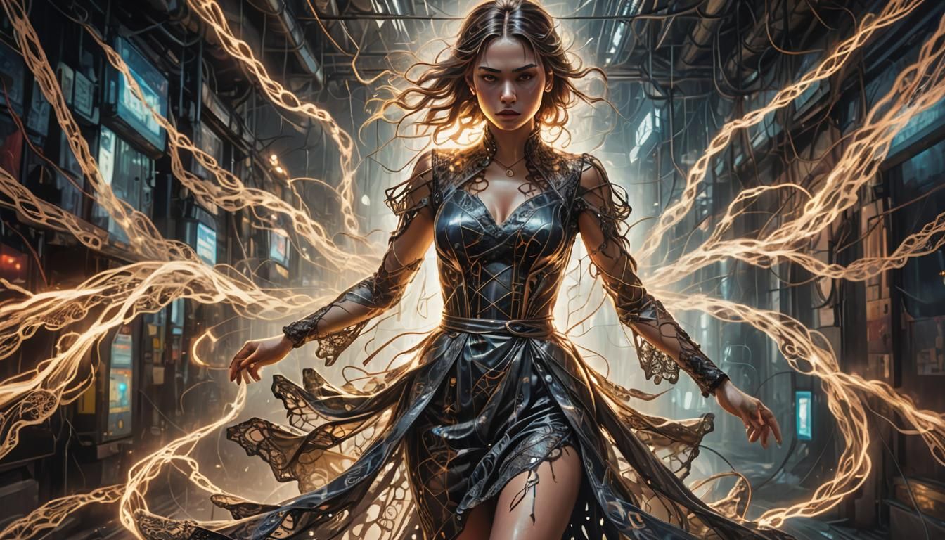 Angry Woman in Silk Dress with Digital Circuits