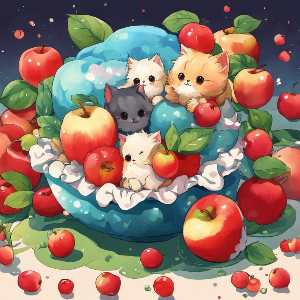 Anime Kitten Surrounded by Cartoon Apples