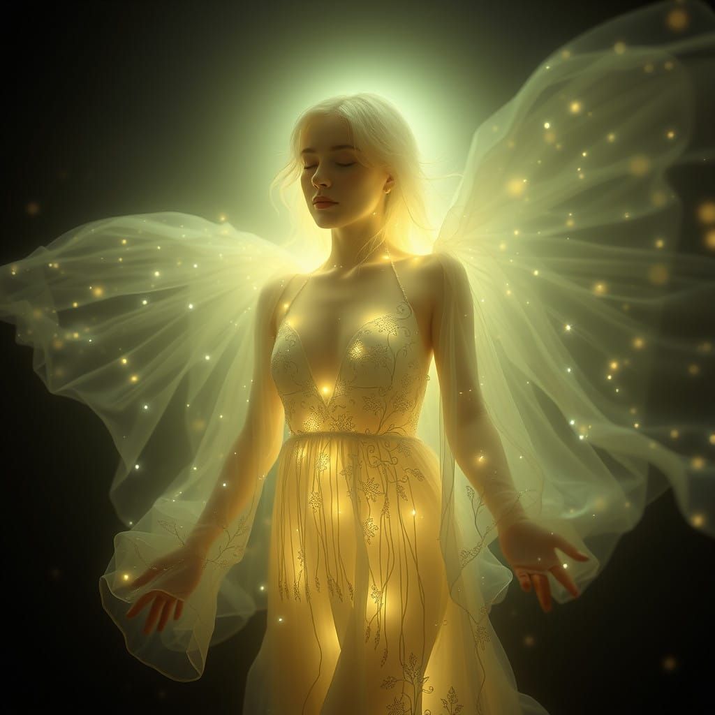 Surreal Goddess Radiates Ethereal Light in Shimmering Gown