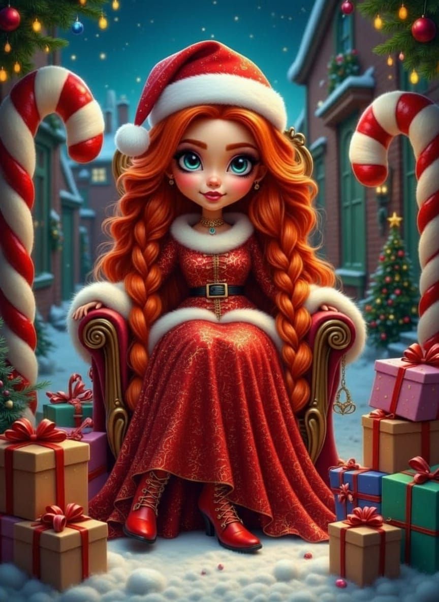 Whimsical Woman in Santa Outfit on Candy Throne