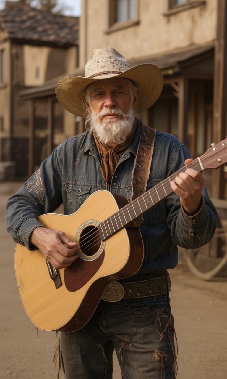 Weathered Cowboy with Guitar in Surreal Alcohol Ink Style