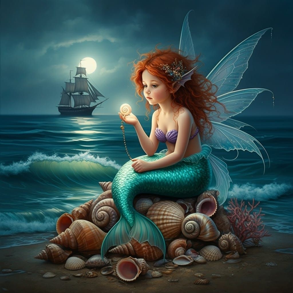 Ariel-Inspired Fairy with Seashells, in Oil Painting Style