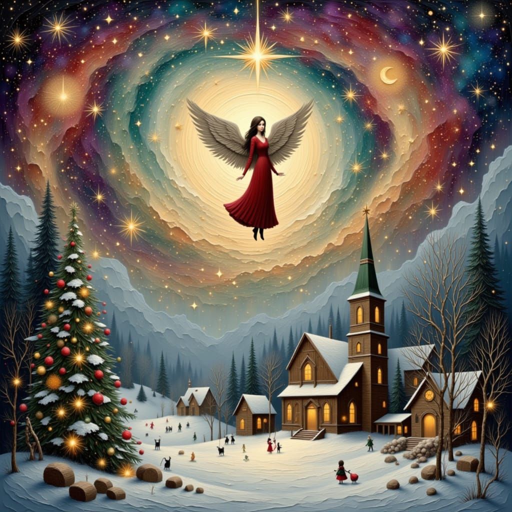 Christmas Angel Descends Over Snowy Village