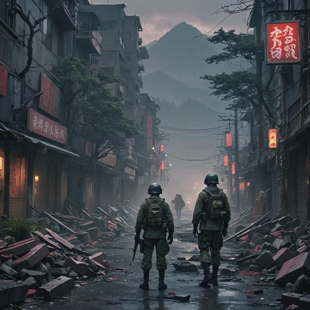 Soldier in Foggy Japanese City: Grunge Anime Style