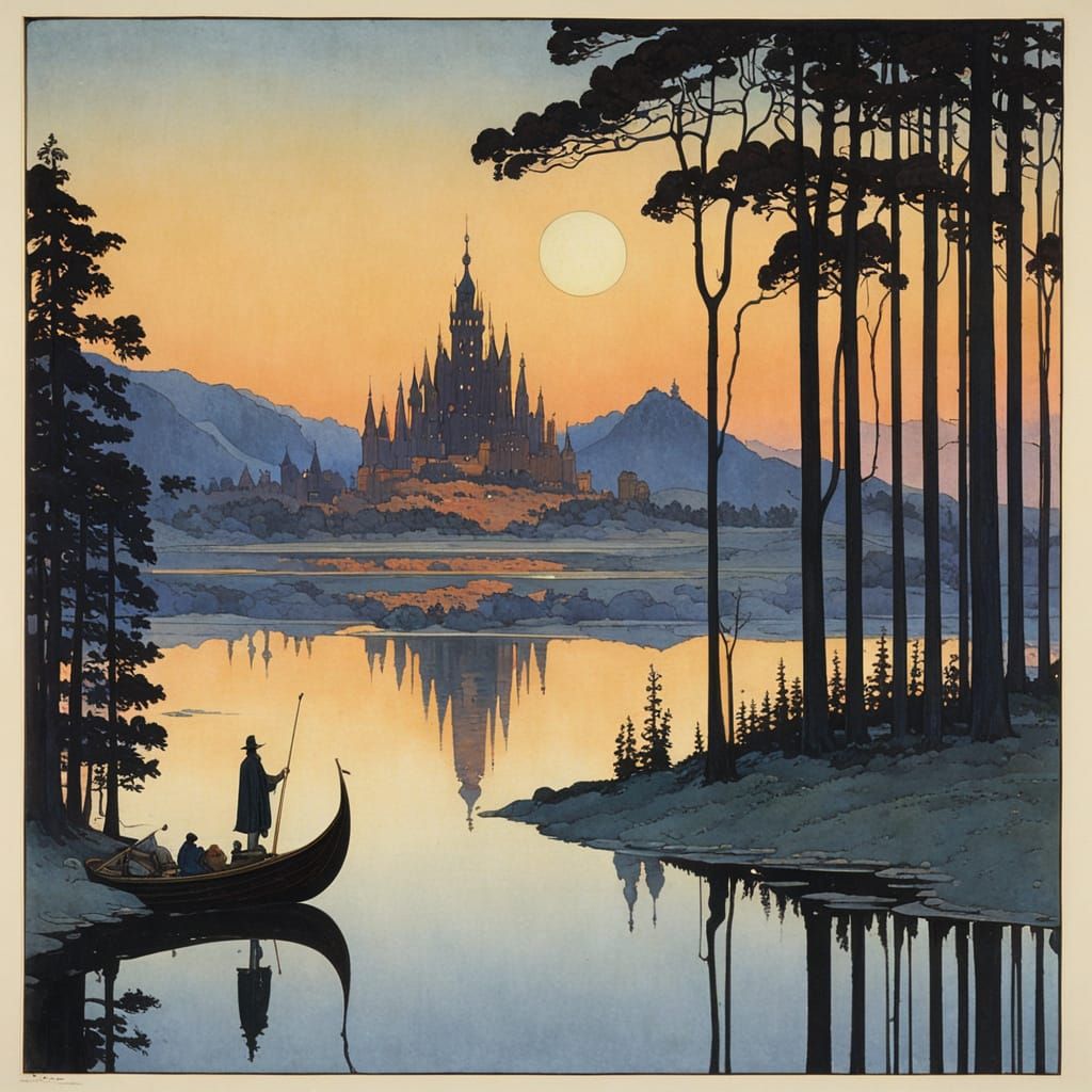 Dreamlike Ruined City Reflected in Sunset Lake, in Impressio...