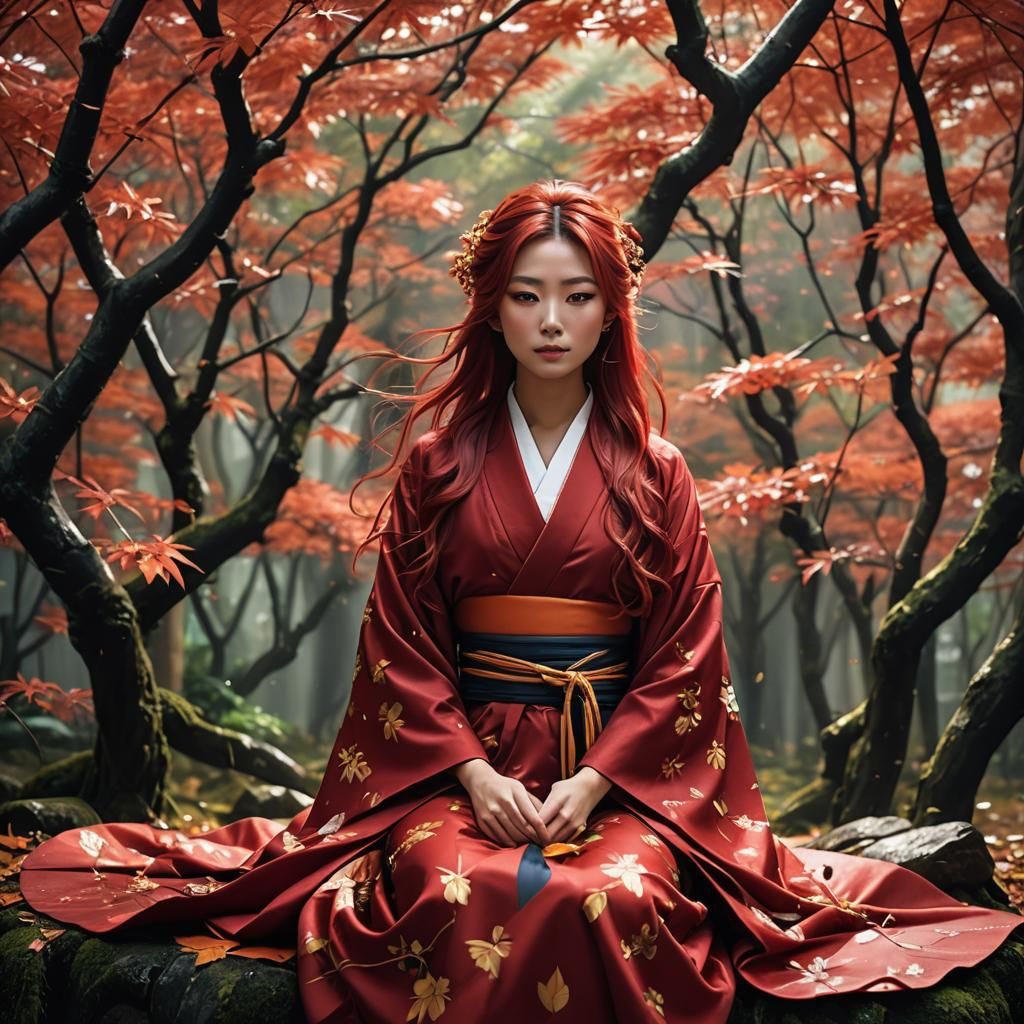 Japanese Woman in Kimono Amidst Autumn Leaves