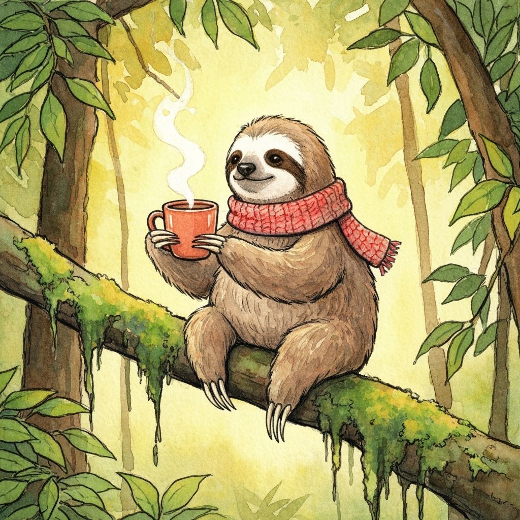 Cozy Sloth Sips Tea in Sun-Dappled Rainforest