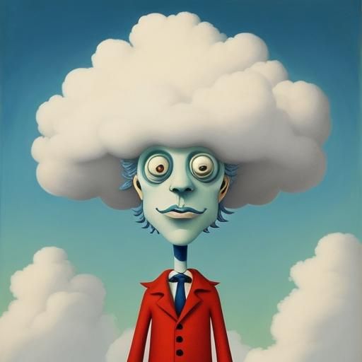 Whimsical Cloud Man Gouache Painting